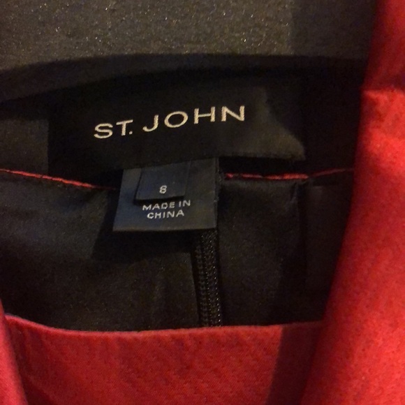 St. John red satin black wool accents midi dress and overcoat EUC size 8 - Picture 3 of 12